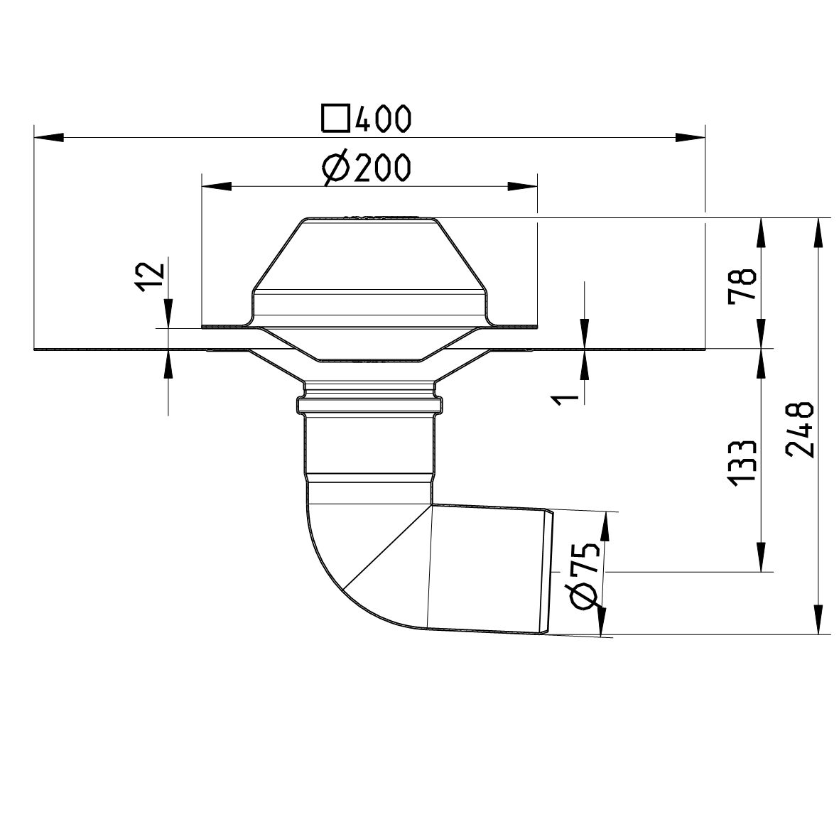 Line drawing of a drain from the series Drain for siphonic-bitumen.