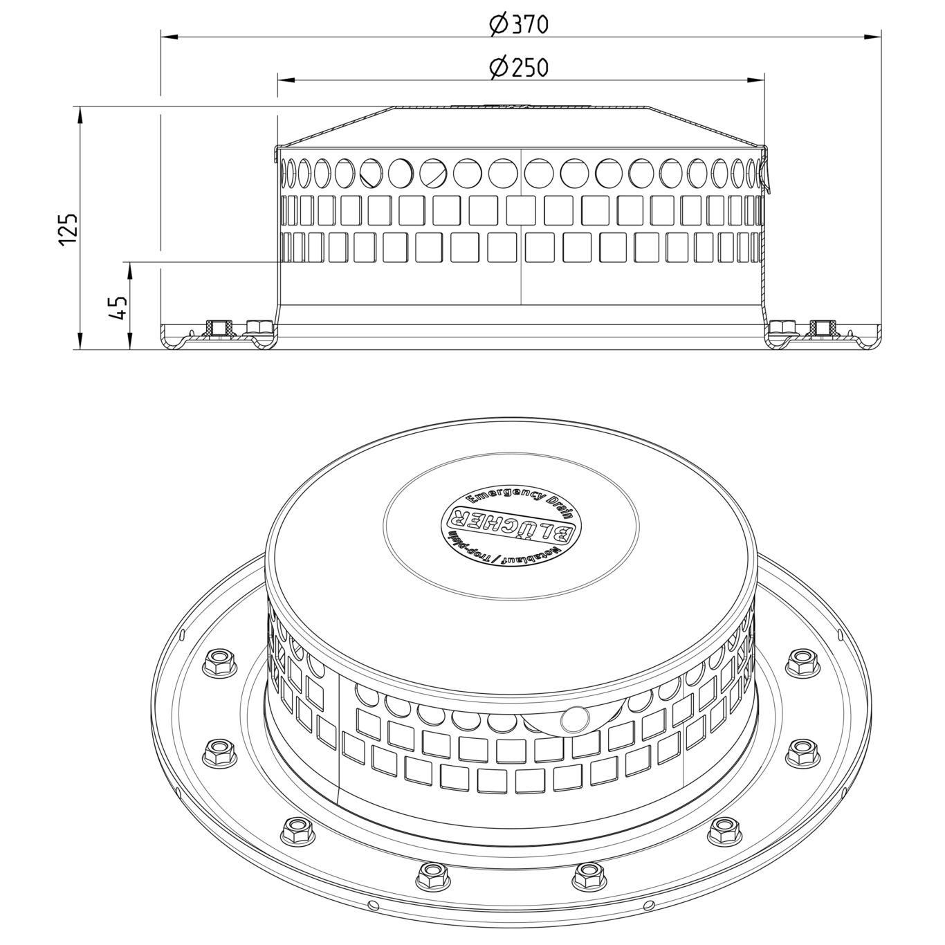 Line drawing of a leaf guard from the series Guard.