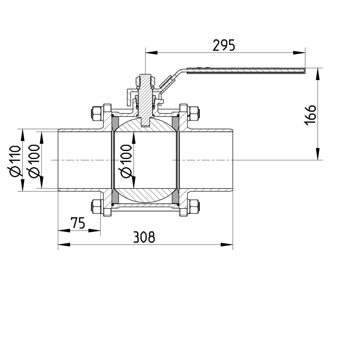 Line drawing of a valve from the series Lever-Ball-Valve.